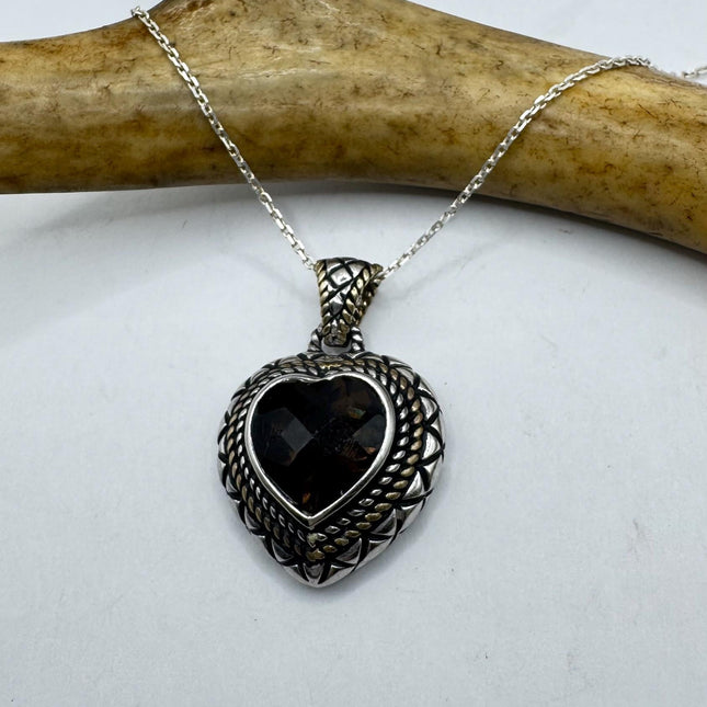 Vintage Smoky Topaz Heart Necklace Dainty 925 Sterling Silver Chain, Delicate Design
