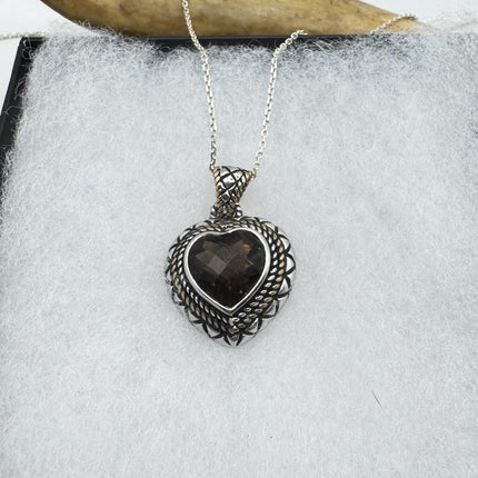 Vintage Smoky Topaz Heart Necklace Dainty 925 Sterling Silver Chain, Delicate Design