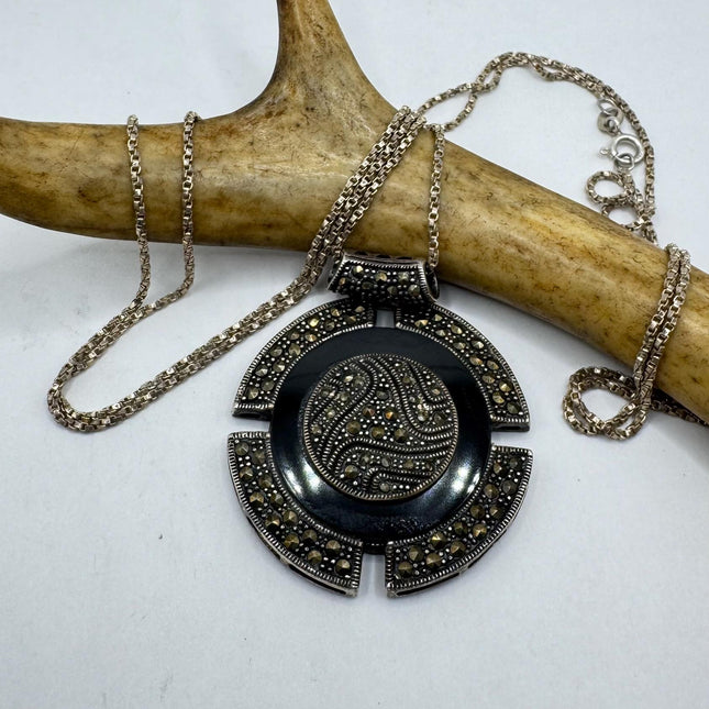 Vintage Black Onyx Marcasite Choker Necklace - 925 Sterling Silver Gemstone Pendant Necklace