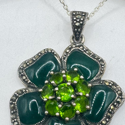 Vintage Green Onyx flower Pendant Necklace