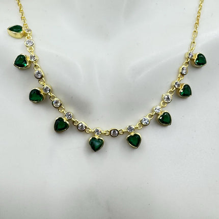 Mini Heart Love Charm Neclace Emerald CZ Golden 925 Sterling Silver Dainty Chain Necklace