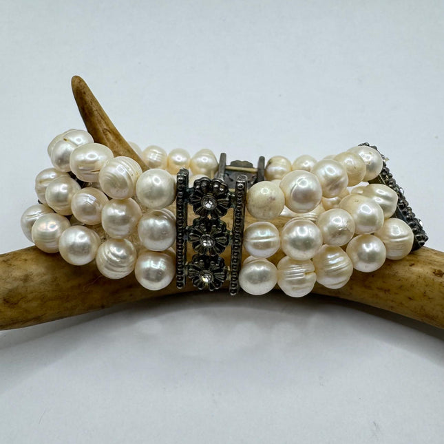 Vintage Pearl Gold Silver Tennis Bracelet