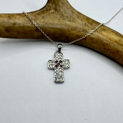 Vintage Silver Cross Pendant | Small Religious Charm Pendant Cubic Zirconia Crystal Diamond | 925 Sterling Silver Chain Prayer Necklace