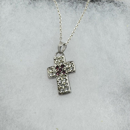 Vintage Silver Cross Pendant | Small Religious Charm Pendant Cubic Zirconia Crystal Diamond | 925 Sterling Silver Chain Prayer Necklace