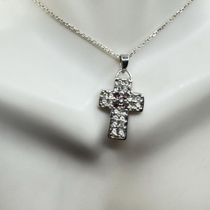 Vintage Silver Cross Pendant | Small Religious Charm Pendant Cubic Zirconia Crystal Diamond | 925 Sterling Silver Chain Prayer Necklace