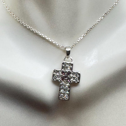 Vintage Silver Cross Pendant | Small Religious Charm Pendant Cubic Zirconia Crystal Diamond | 925 Sterling Silver Chain Prayer Necklace