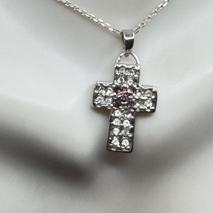 Vintage Silver Cross Pendant | Small Religious Charm Pendant Cubic Zirconia Crystal Diamond | 925 Sterling Silver Chain Prayer Necklace