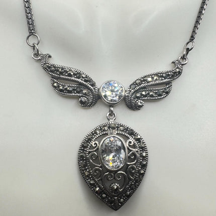 Vintage Clear, diamond cubic zirconia Marcasite Choker Necklace - 925 Sterling Silver Gemstone Pendant Necklace
