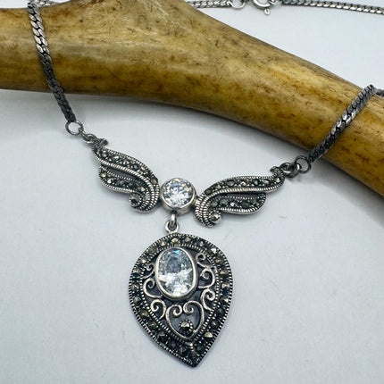 Vintage Clear, diamond cubic zirconia Marcasite Choker Necklace - 925 Sterling Silver Gemstone Pendant Necklace