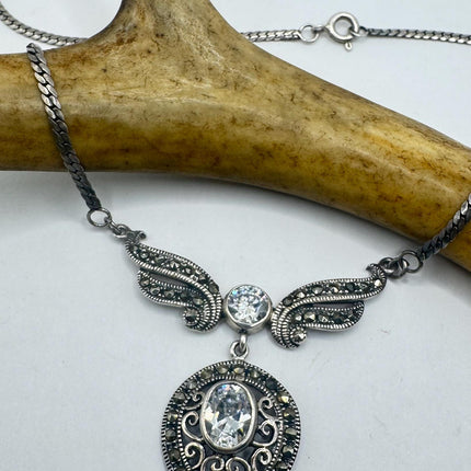Vintage Clear, diamond cubic zirconia Marcasite Choker Necklace - 925 Sterling Silver Gemstone Pendant Necklace