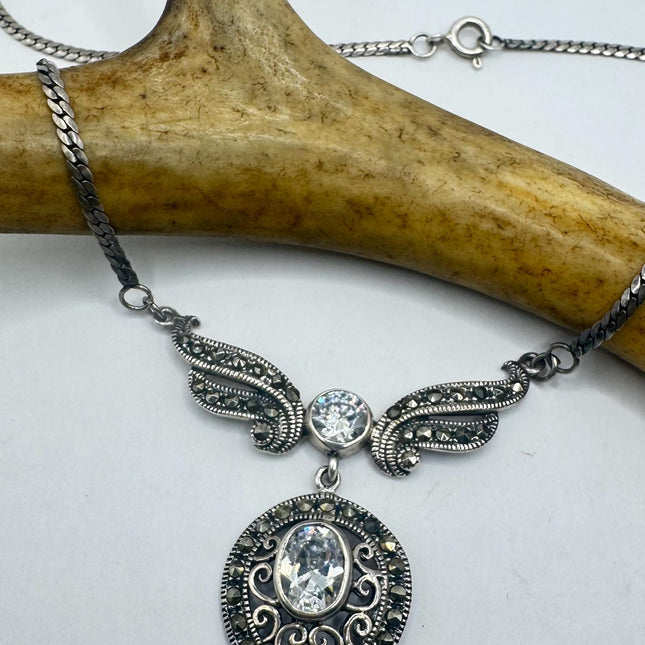 Vintage Clear, diamond cubic zirconia Marcasite Choker Necklace - 925 Sterling Silver Gemstone Pendant Necklace