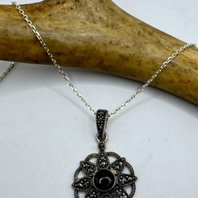 Vintage Black Onyx Marcasite Choker Necklace - 925 Sterling Silver Gemstone Pendant Necklace