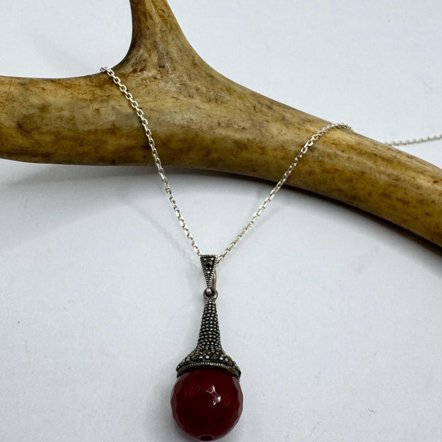 Vintage Marcasite Red Carnelian Necklace Dainty 925 Sterling Silver Chain, Delicate Design
