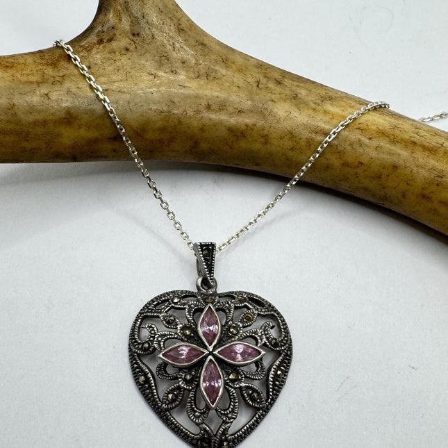 Vintage Marcasite Heart Necklace Dainty 925 Sterling Silver Chain, Delicate Design