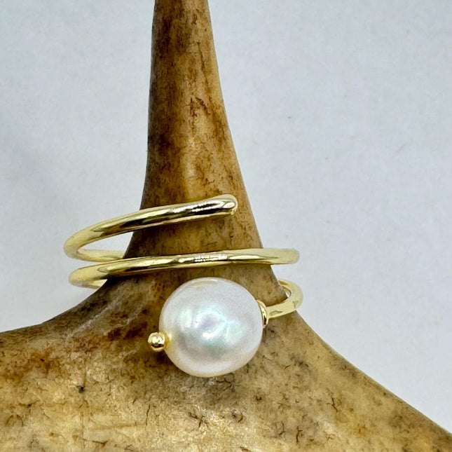 Vintage White Pearl Cocktail Ring Band Gold 925 Sterling Silver Adjustable