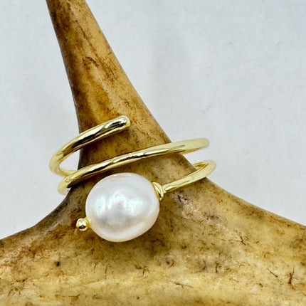 Vintage White Pearl Cocktail Ring Band Gold 925 Sterling Silver Adjustable