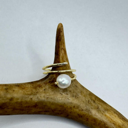 Vintage White Pearl Cocktail Ring Band Gold 925 Sterling Silver Adjustable