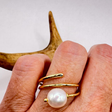 Vintage White Pearl Cocktail Ring Band Gold 925 Sterling Silver Adjustable