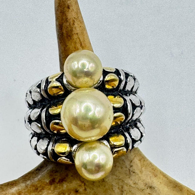 Vintage Pearl Cocktail Ring Band Gold 925 Sterling Silver