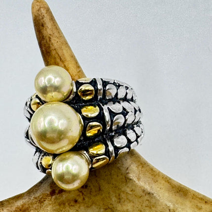 Vintage Pearl Cocktail Ring Band Gold 925 Sterling Silver