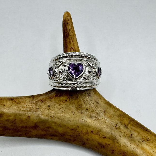 Vintage Purple Amethyst Heart Ring Band 925 Sterling Silver cocktail statement ring
