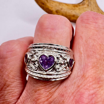 Vintage Purple Amethyst Heart Ring Band 925 Sterling Silver cocktail statement ring