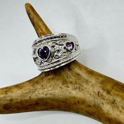 Vintage Purple Amethyst Heart Ring Band 925 Sterling Silver cocktail statement ring