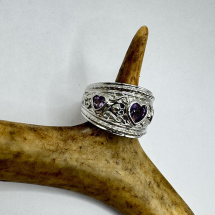 Vintage Purple Amethyst Heart Ring Band 925 Sterling Silver cocktail statement ring