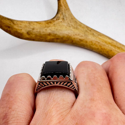 Vintage Black Onyx Mens Ring 925 Sterling Silver Band Deco Antique Cocktail Statement ring