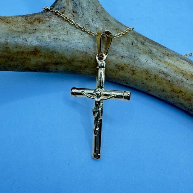 Vintage 9k Gold Filled Cross Necklace on Etched Gold Filled Chain - Small Crucifix Pendant for Layering and Stacking