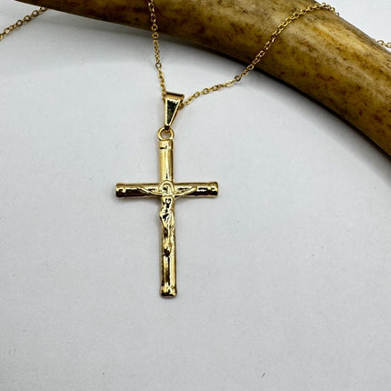 Vintage 9k Gold Filled Cross Necklace on Etched Gold Filled Chain - Small Crucifix Pendant for Layering and Stacking