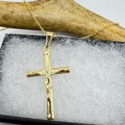 Vintage 9k Gold Filled Cross Necklace on Etched Gold Filled Chain - Small Crucifix Pendant for Layering and Stacking