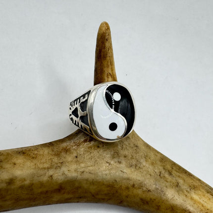 Vintage Black White Enamel Yin Yang Mens Ring 925 Sterling Silver Band Deco Antique Cocktail Statement ring