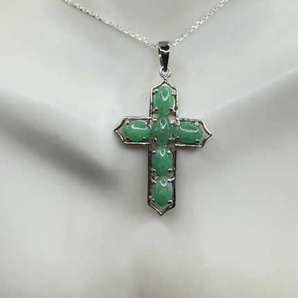Vintage Green Jade Cross Deco Choker Pendant Necklace - 925 Sterling Silver chain