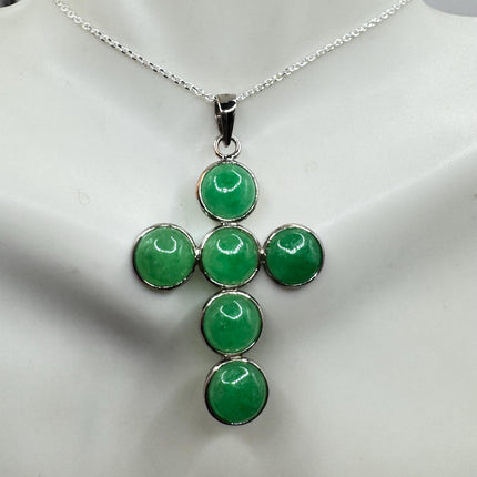 Vintage Green Jade Cross Deco Choker Pendant Necklace - 925 Sterling Silver chain
