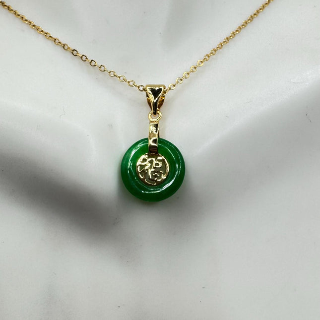Vintage Green Jade Tiny Lucky Calligraphy Pendant Necklace Minimal simple every day layering gold 925 Sterling Silver Chain