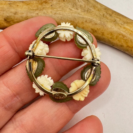 Vintage ivory flower and Green jade rose Brooch Pin - Gold Filled - Unique and Stylish Accessory