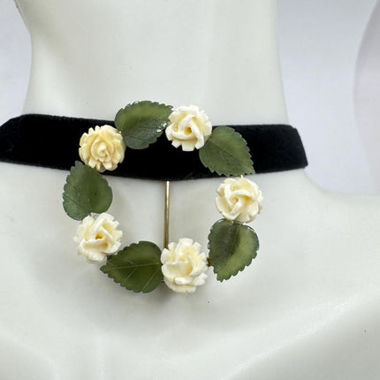 Vintage ivory flower and Green jade rose Brooch Pin - Gold Filled - Unique and Stylish Accessory