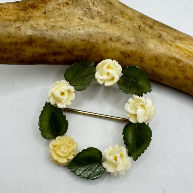 Vintage ivory flower and Green jade rose Brooch Pin - Gold Filled - Unique and Stylish Accessory