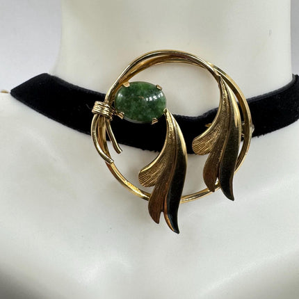 Vintage Green Jade Brooch Pin - Gold Filled with Velvet Choker - Small Lucky Design
