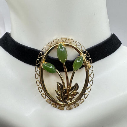 Vintage Green Jade Brooch Pin - Gold Filled with Velvet Choker - Small Lucky Design