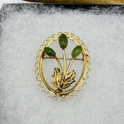 Vintage Green Jade Brooch Pin - Gold Filled with Velvet Choker - Small Lucky Design
