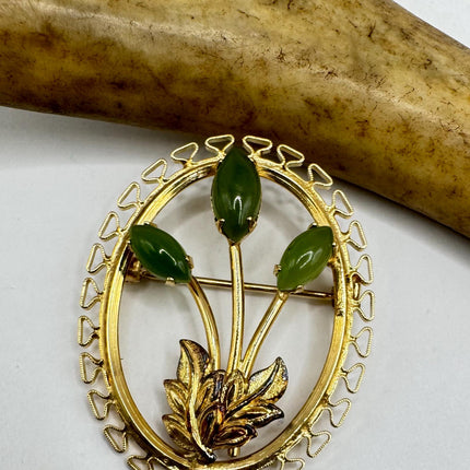 Vintage Green Jade Brooch Pin - Gold Filled with Velvet Choker - Small Lucky Design