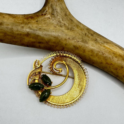 Vintage Green Jade Brooch Pin - Gold Filled with Velvet Choker - Small Lucky Jade Design