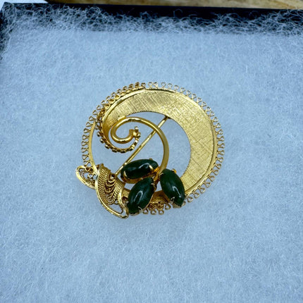 Vintage Green Jade Brooch Pin - Gold Filled with Velvet Choker - Small Lucky Jade Design