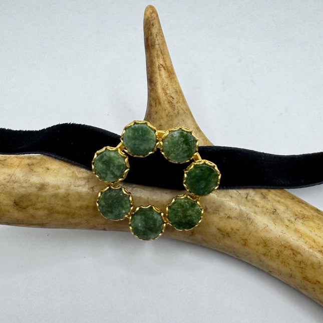 Vintage Green Jade Brooch Pin - Gold Filled with Velvet Choker - Small Lucky Jade Design