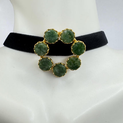 Vintage Green Jade Brooch Pin - Gold Filled with Velvet Choker - Small Lucky Jade Design