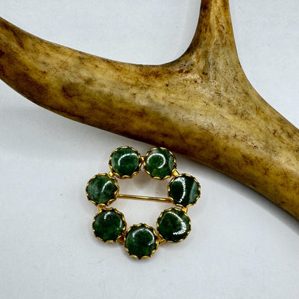 Vintage Green Jade Brooch Pin - Gold Filled with Velvet Choker - Small Lucky Jade Design