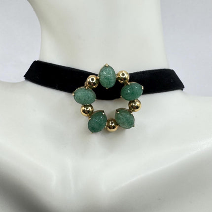 Vintage Green Jade Brooch Pin - Gold Filled with Velvet Choker - Small Lucky Jade Design