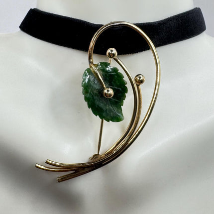 Vintage Green Jade Brooch Pin - Gold Filled with Velvet Choker - Small Lucky Jade Design
